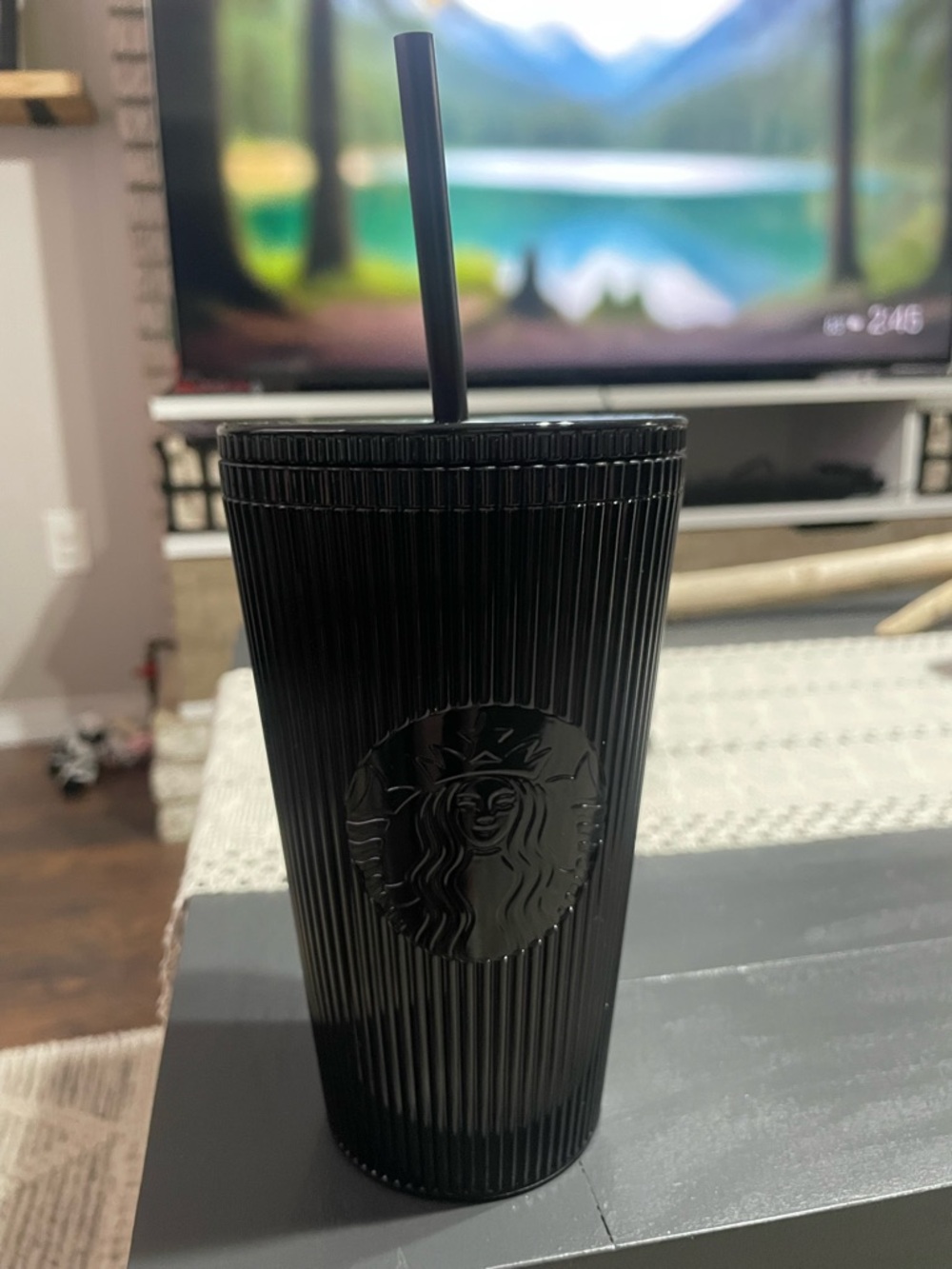Starbucks Black Ribbed Reusable Cold Tumbler with Lid and Straw 16oz